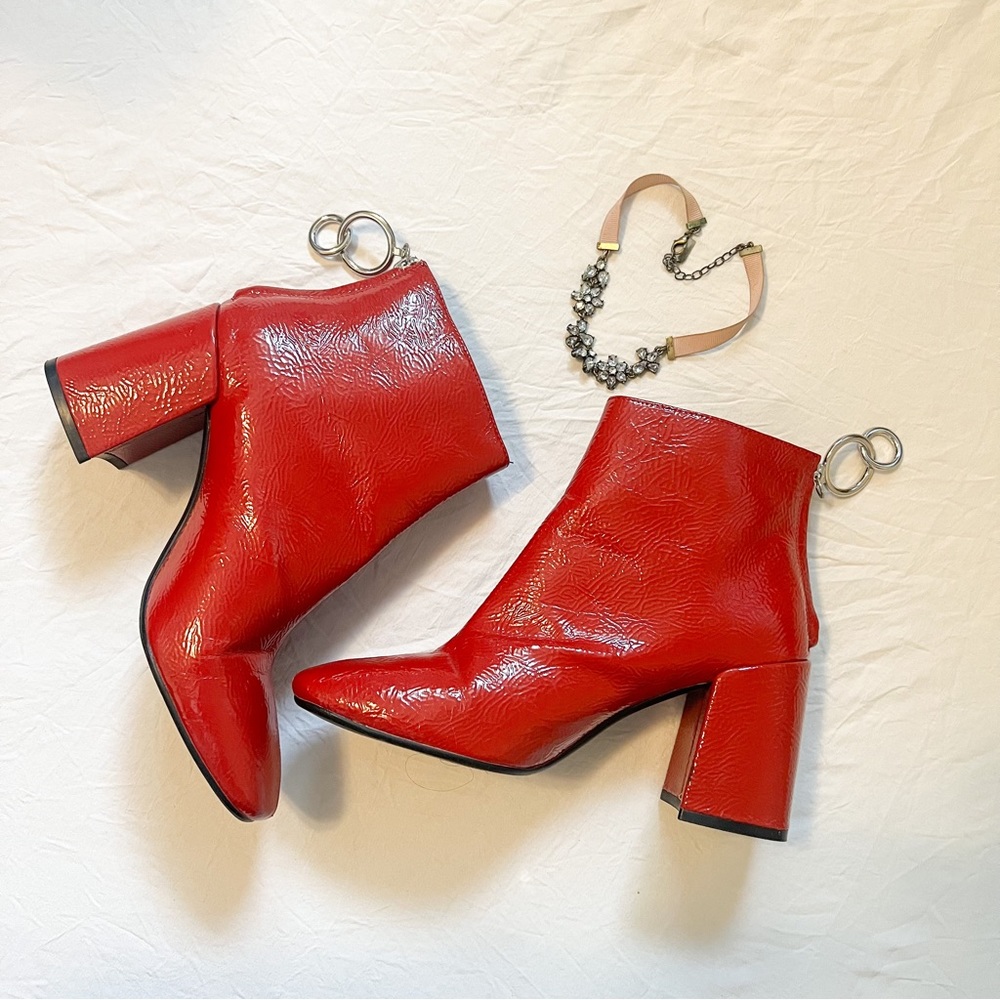 ZARA Rare Red High Heel Ankle Boots With Metallic Pull Tab